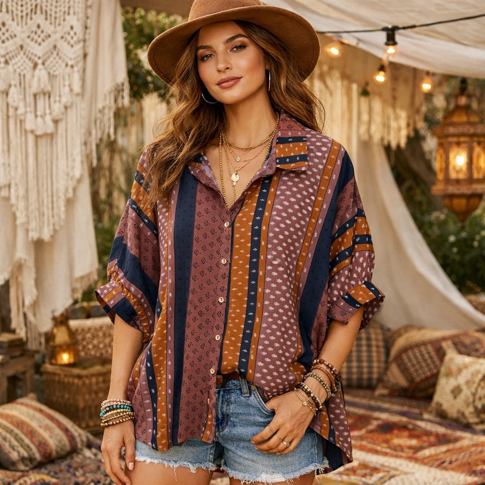 Vici Boho Patchwork Blouse Top - image 1